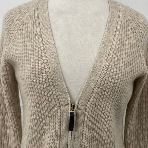Michael Michael Kors Cashmere Cardigan Zip Front V Neck Pockets Beige Womens XS - Picture 3 of 10